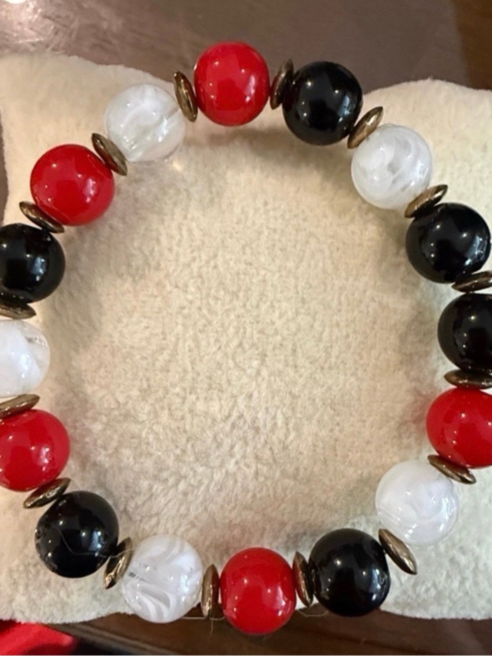 Red, Black & White Beaded Stretch Bracelet with Gold Accents